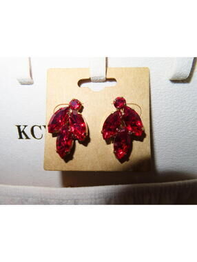 Solid Gold Ruby Red Crystal Leaf Cluster Stud Earrings